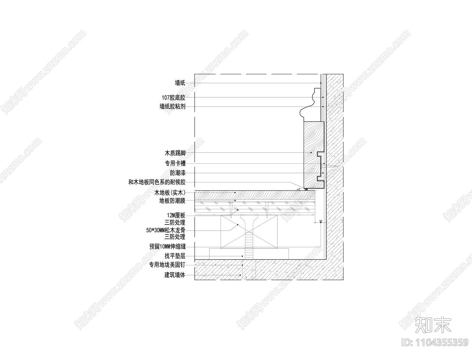 地面实木地板墙纸墙面实木踢脚详图大样施工图下载【ID:1104355359】