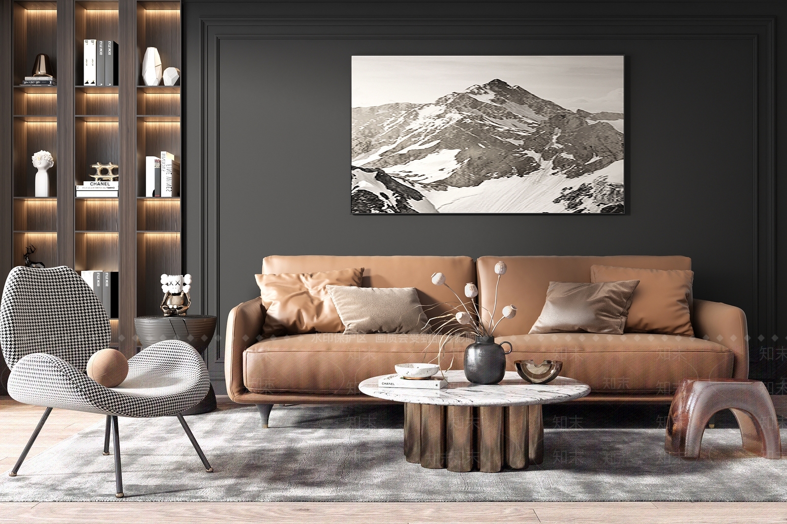 现代皮革沙发茶几组合3D模型下载【ID:1104357355】