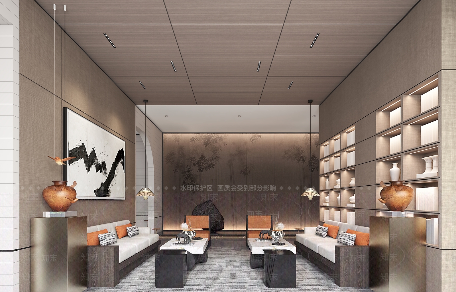 华帛室内设计新中式售楼处洽谈区3D模型下载【ID:1104372294】