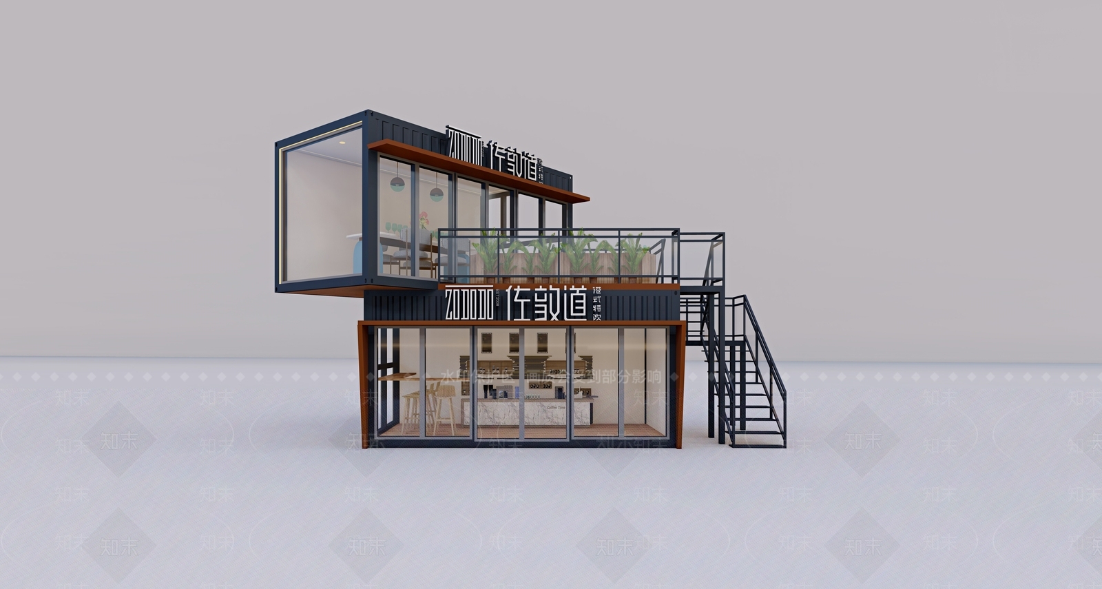 现代工业风集装箱咖啡店SU模型下载【ID:1104383394】