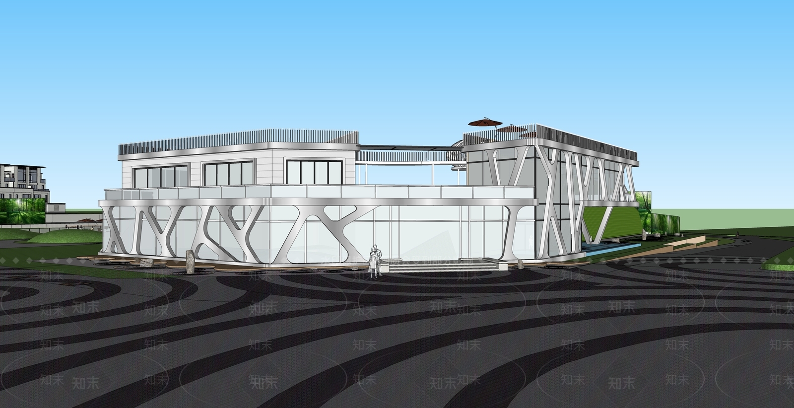 现代转角商业建筑SU模型下载【ID:1104388116】