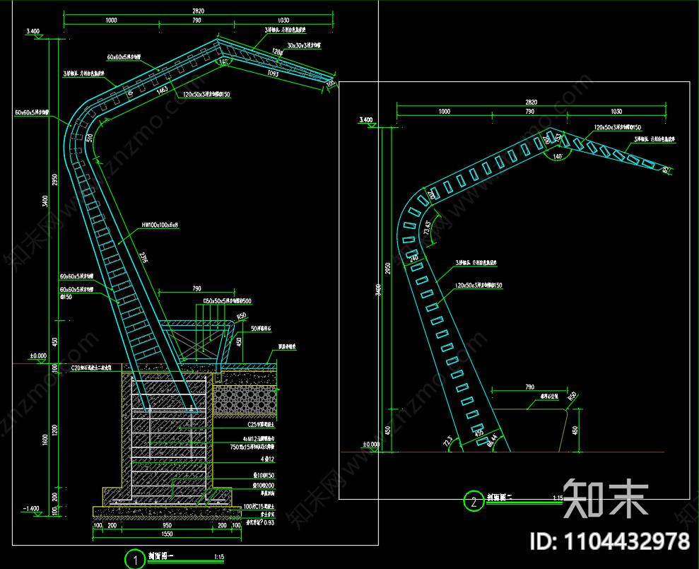 景观园林艺术造型钢构休憩廊架施工图cad施工图下载【ID:1104432978】