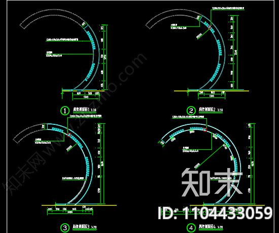 景观园林半圆弧形廊架施工图及花镜节点施工图cad施工图下载【ID:1104433059】