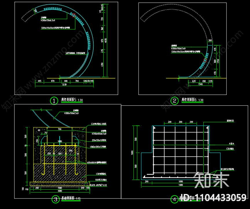 景观园林半圆弧形廊架施工图及花镜节点施工图cad施工图下载【ID:1104433059】