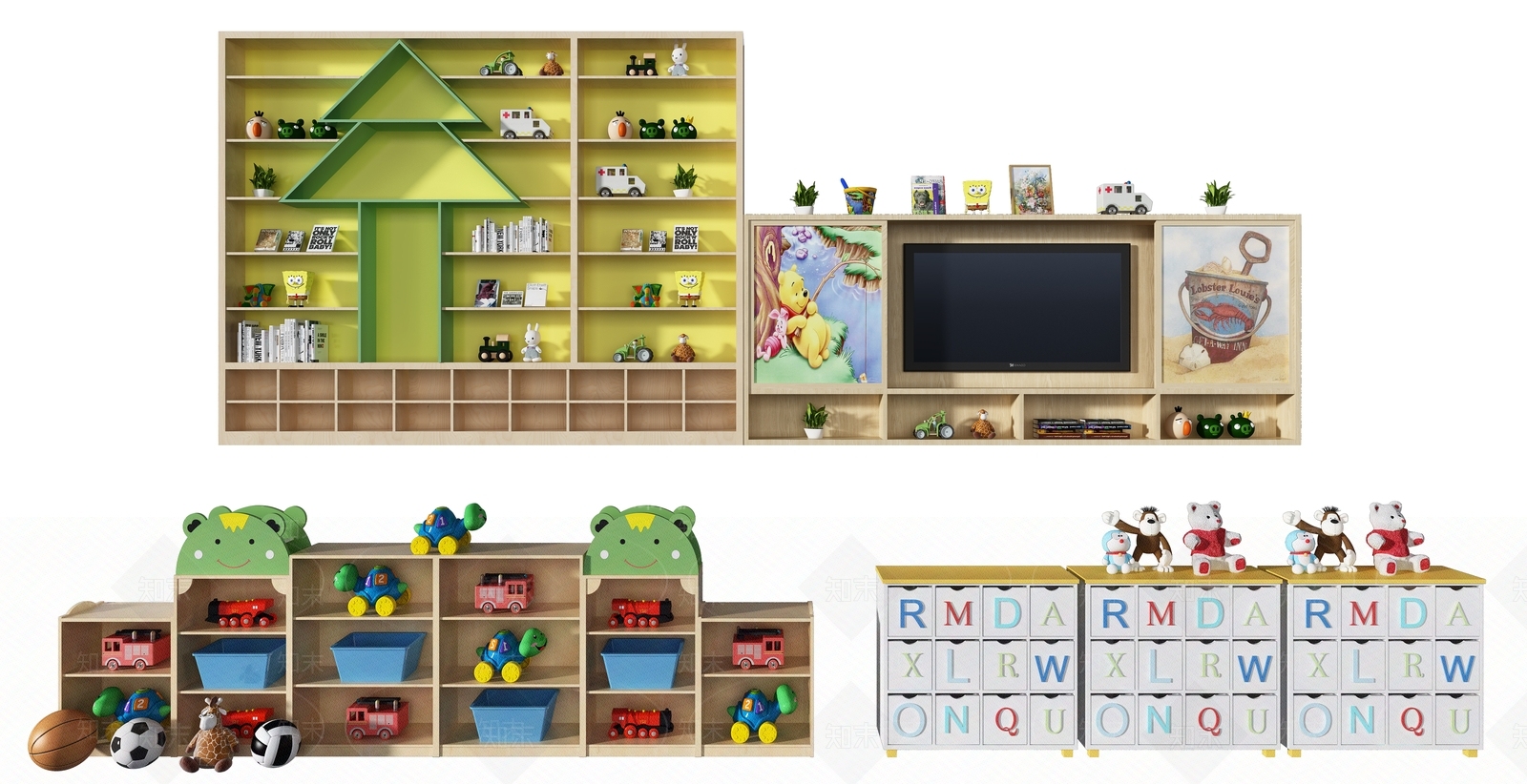 现代儿童玩具收纳柜组合3D模型下载【ID:1104569007】