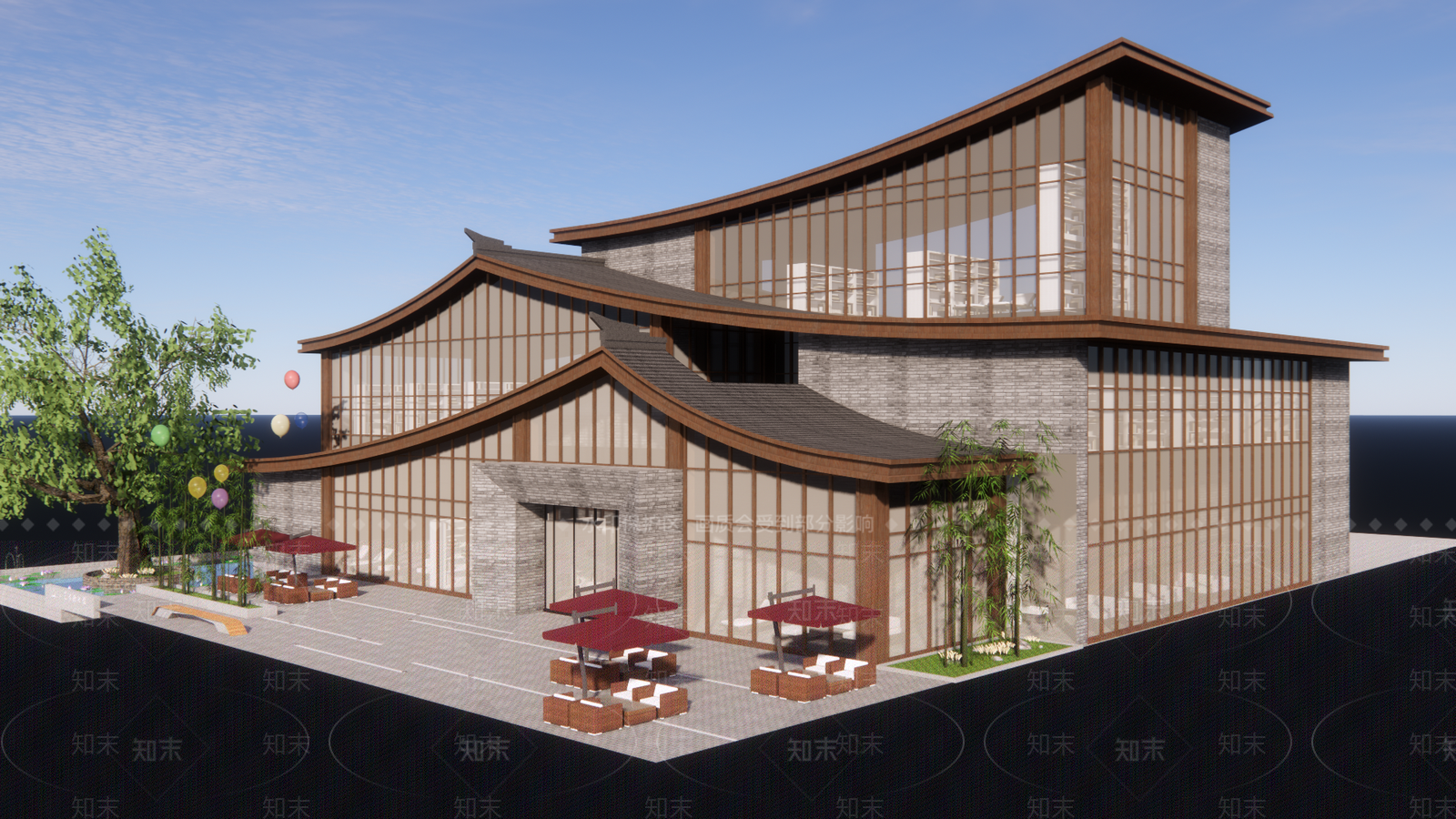 新中式图书馆建筑SU模型下载【ID:1104571744】