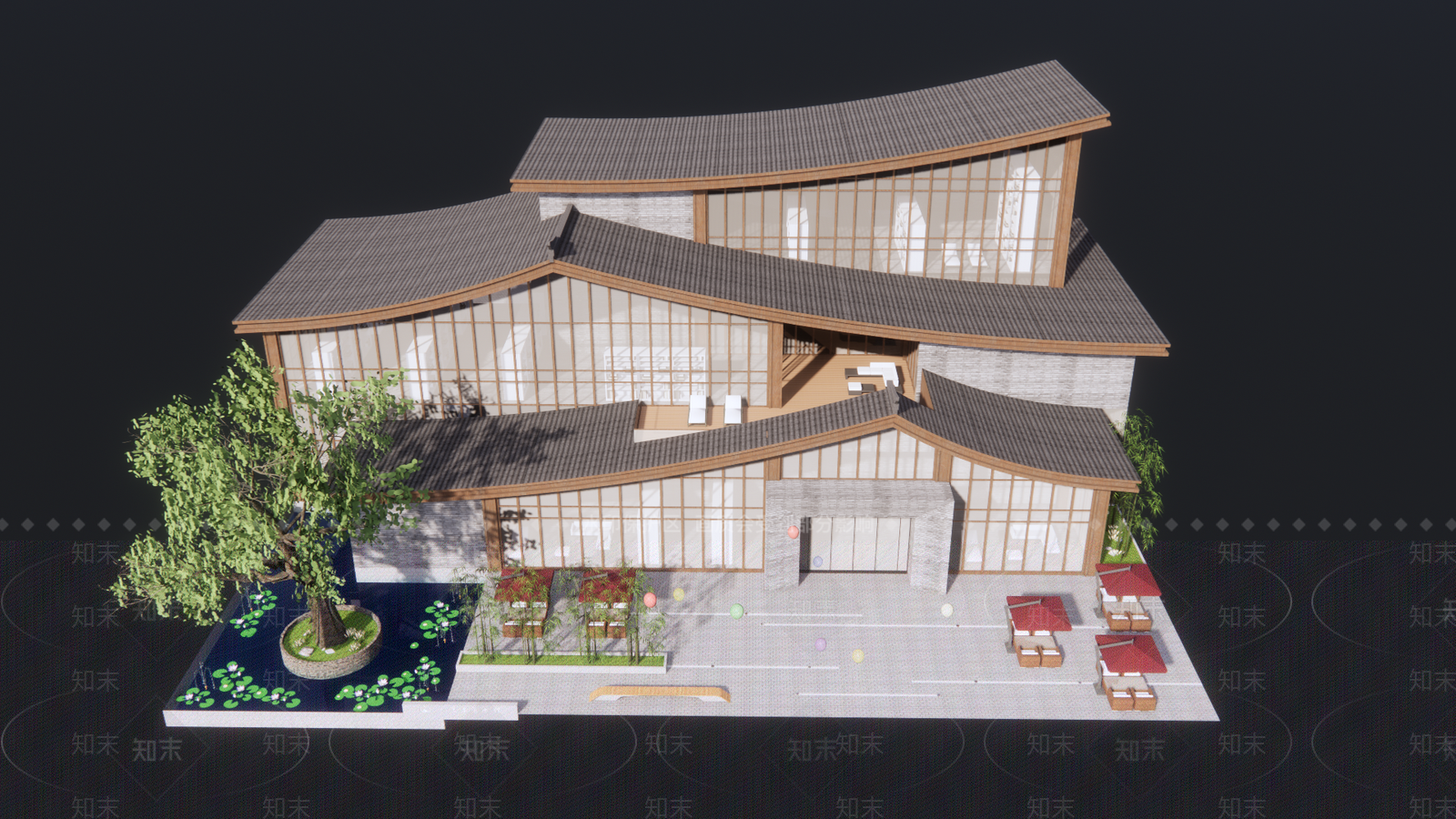 新中式图书馆建筑SU模型下载【ID:1104571744】