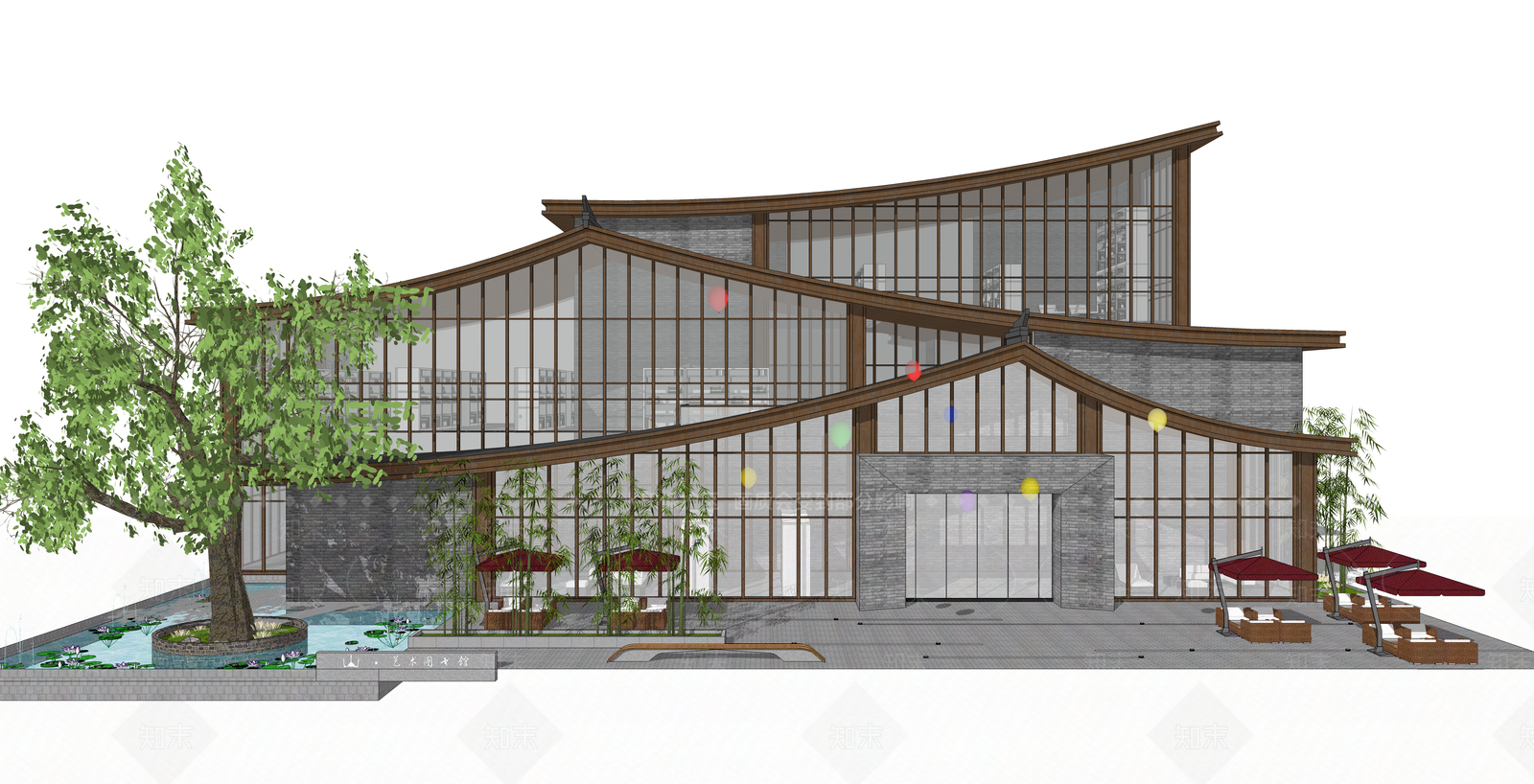 新中式图书馆建筑SU模型下载【ID:1104571744】