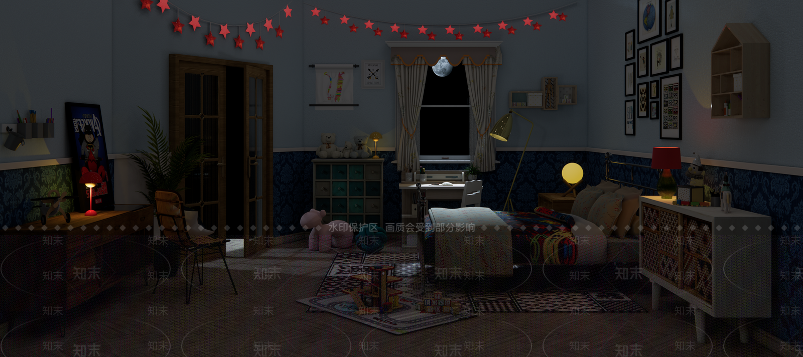 北欧复古儿童房SU模型下载【ID:1104576344】