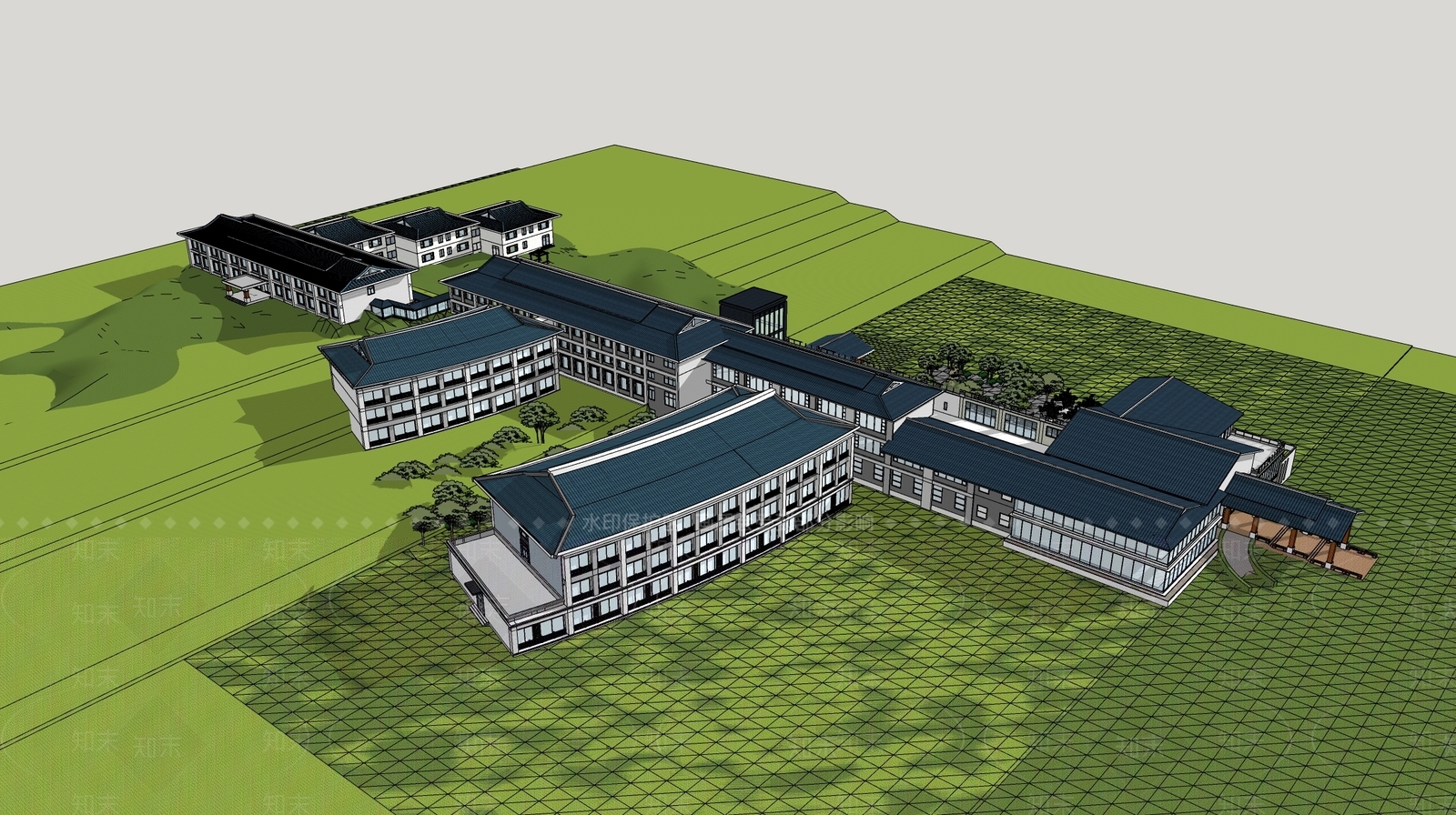 新中式养老院建筑SU模型下载【ID:1104649747】