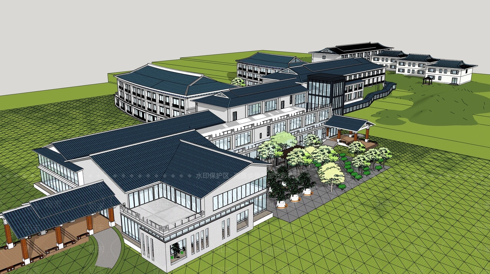 新中式养老院建筑SU模型下载【ID:1104649747】