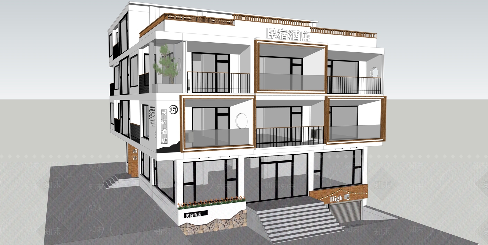 民宿建筑SU模型精品下载_SketchUp模型_知末网