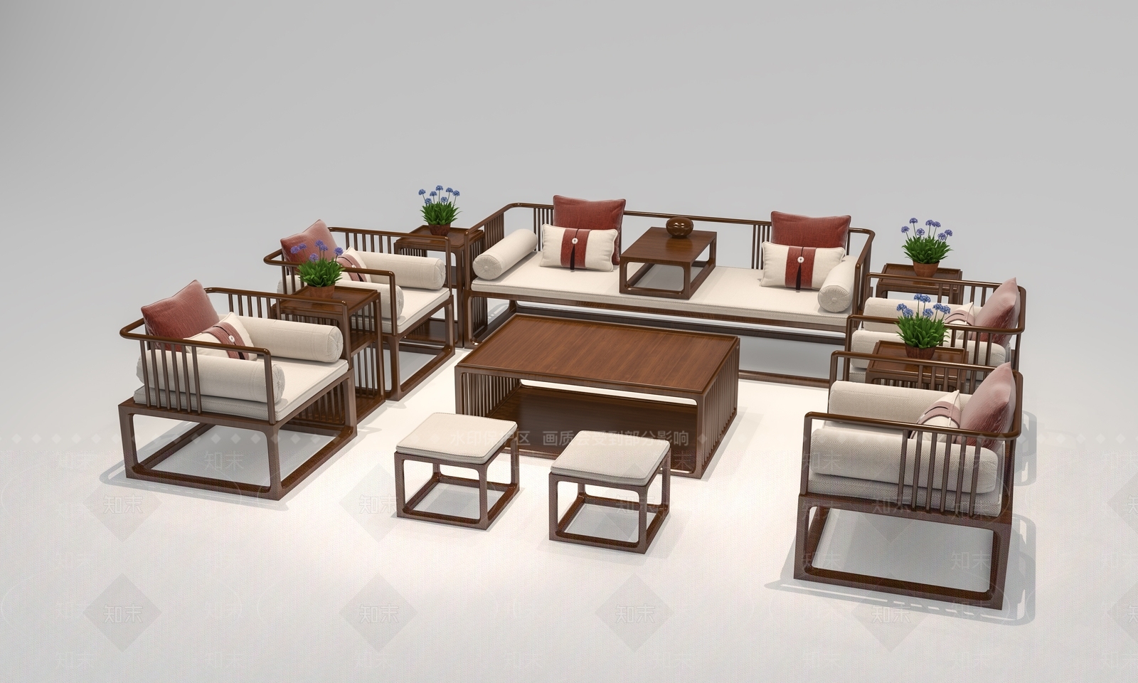 新中式沙发茶几组合3D模型下载【ID:1104742594】_知末3d模型网