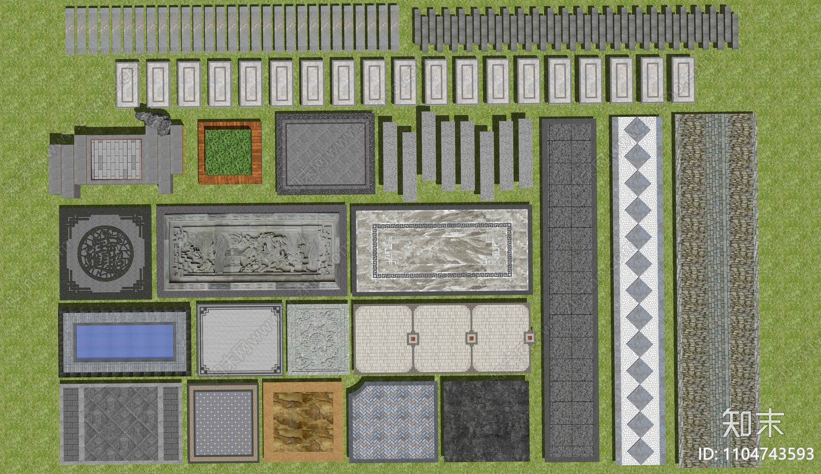 新中式园路铺装SU模型下载【ID:1104743593】