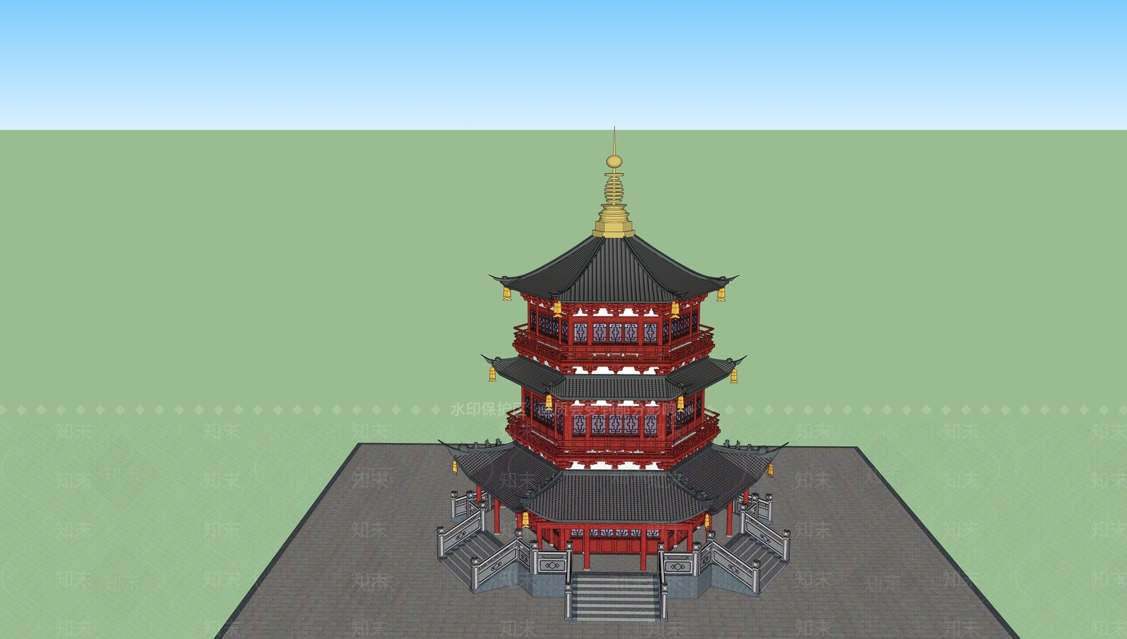 中式古建筑SU模型下载【ID:1104885370】