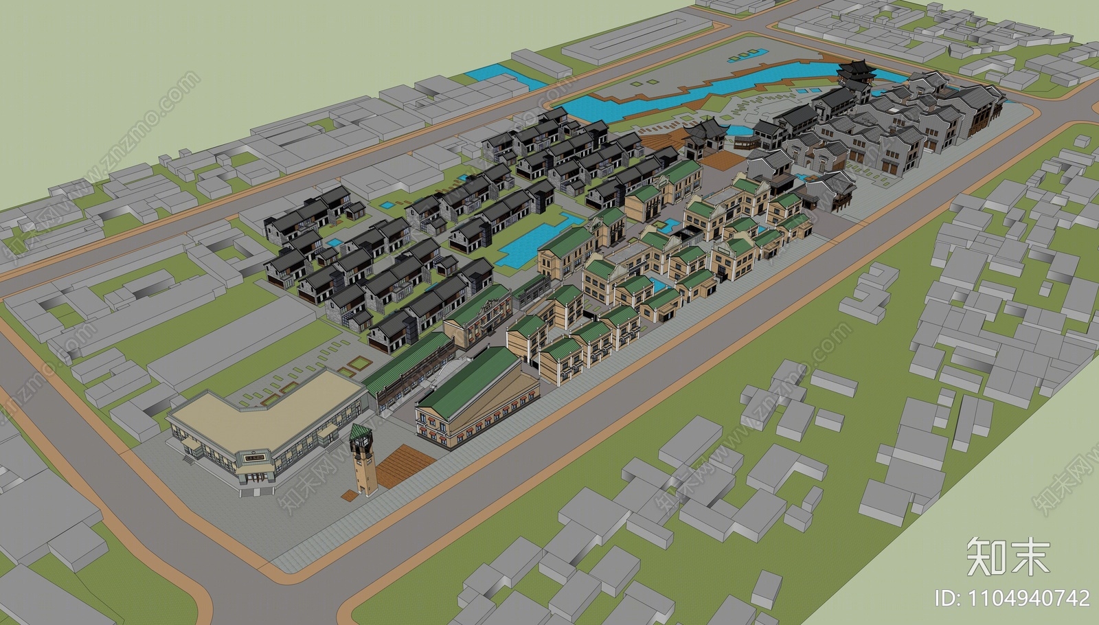 新中式古街SU模型下载【ID:1104940742】