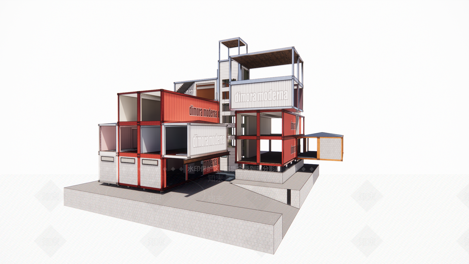 现代集装箱独栋别墅SU模型下载【ID:1105008875】