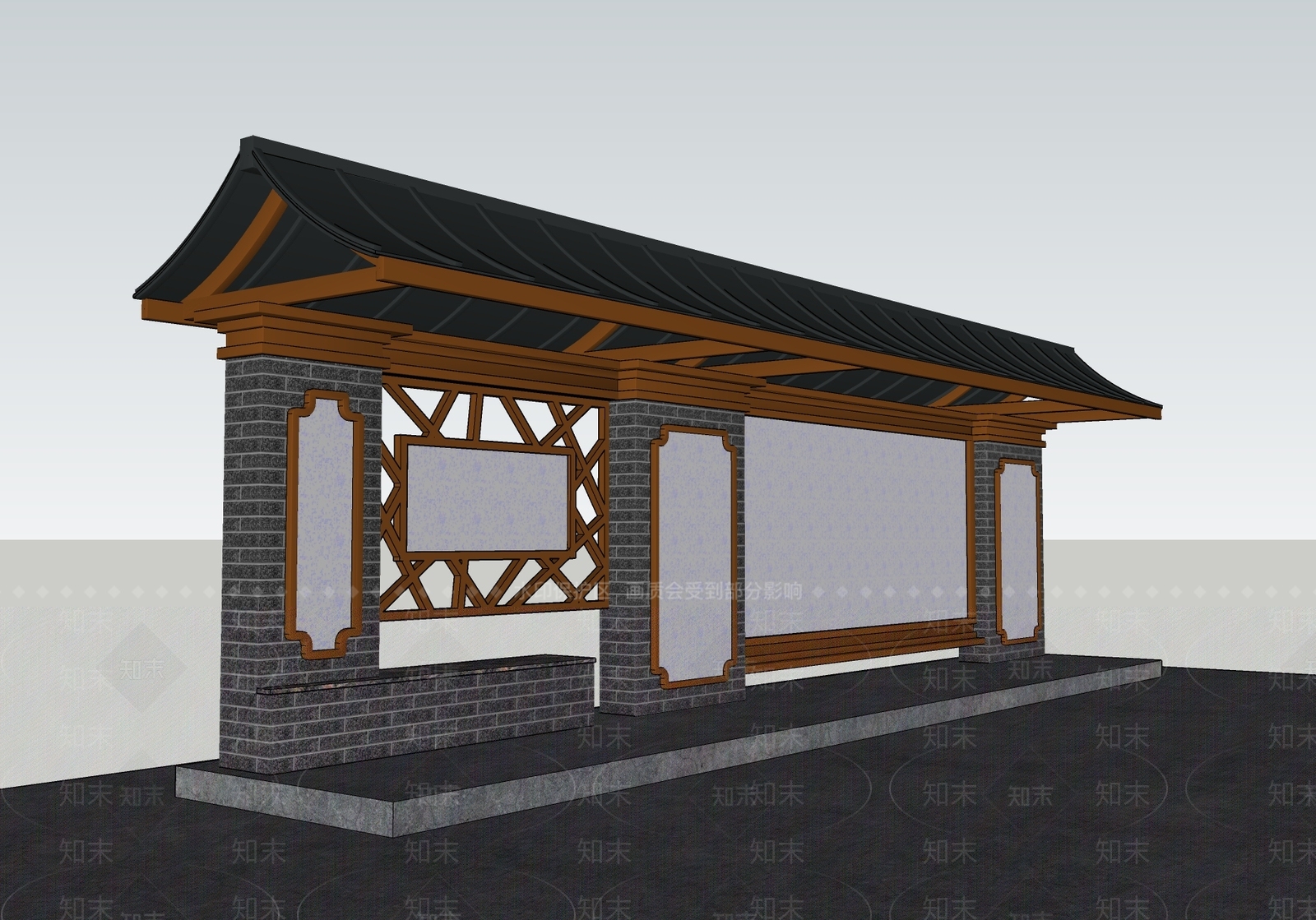 中式公交站台SU模型下载【ID:1105023001】