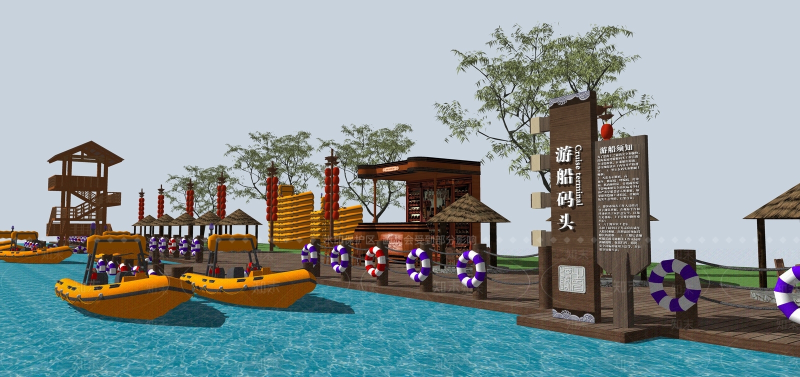 中式码头景观小品SU模型下载【ID:1105153948】
