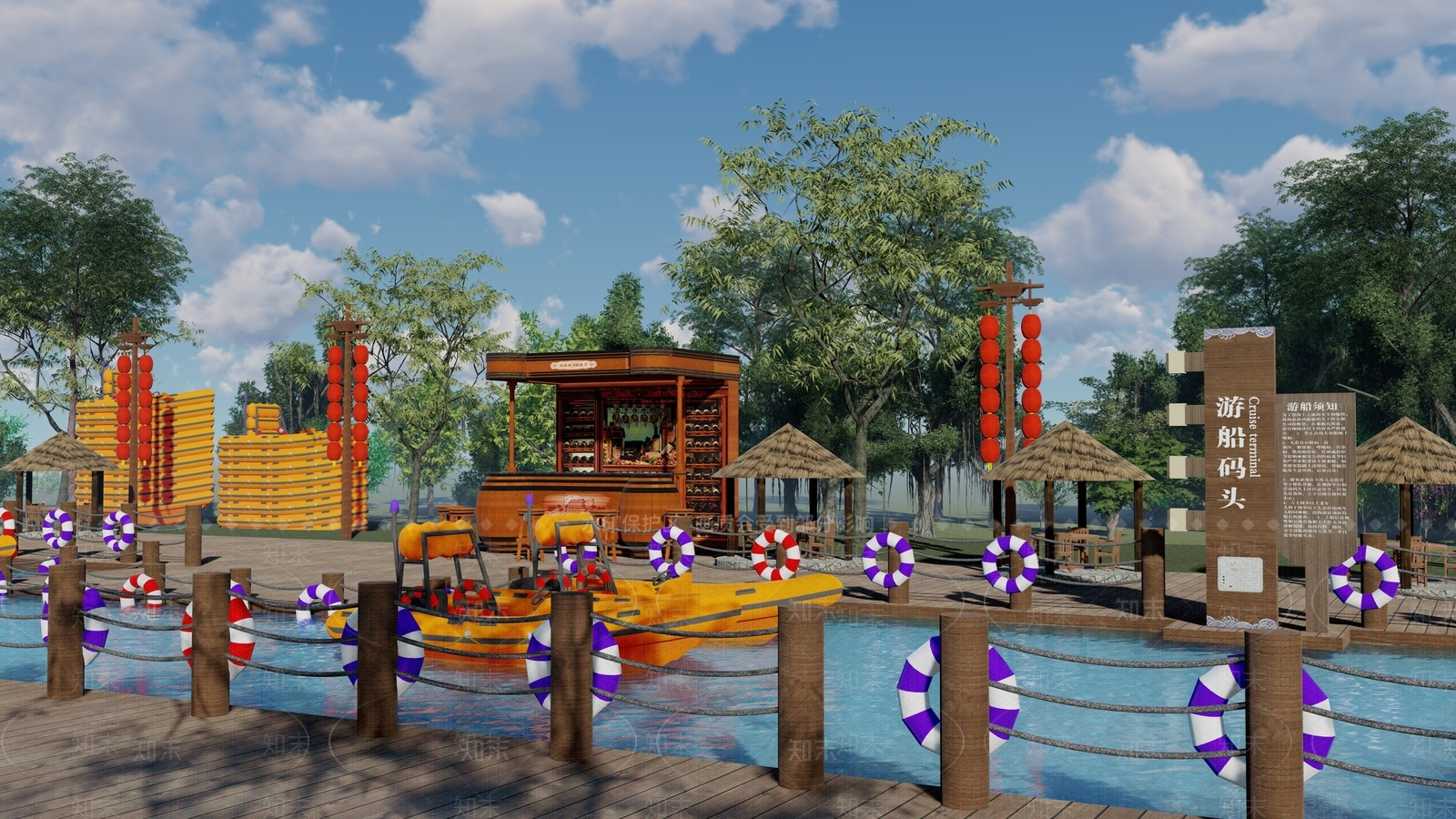 中式码头景观小品SU模型下载【ID:1105153948】