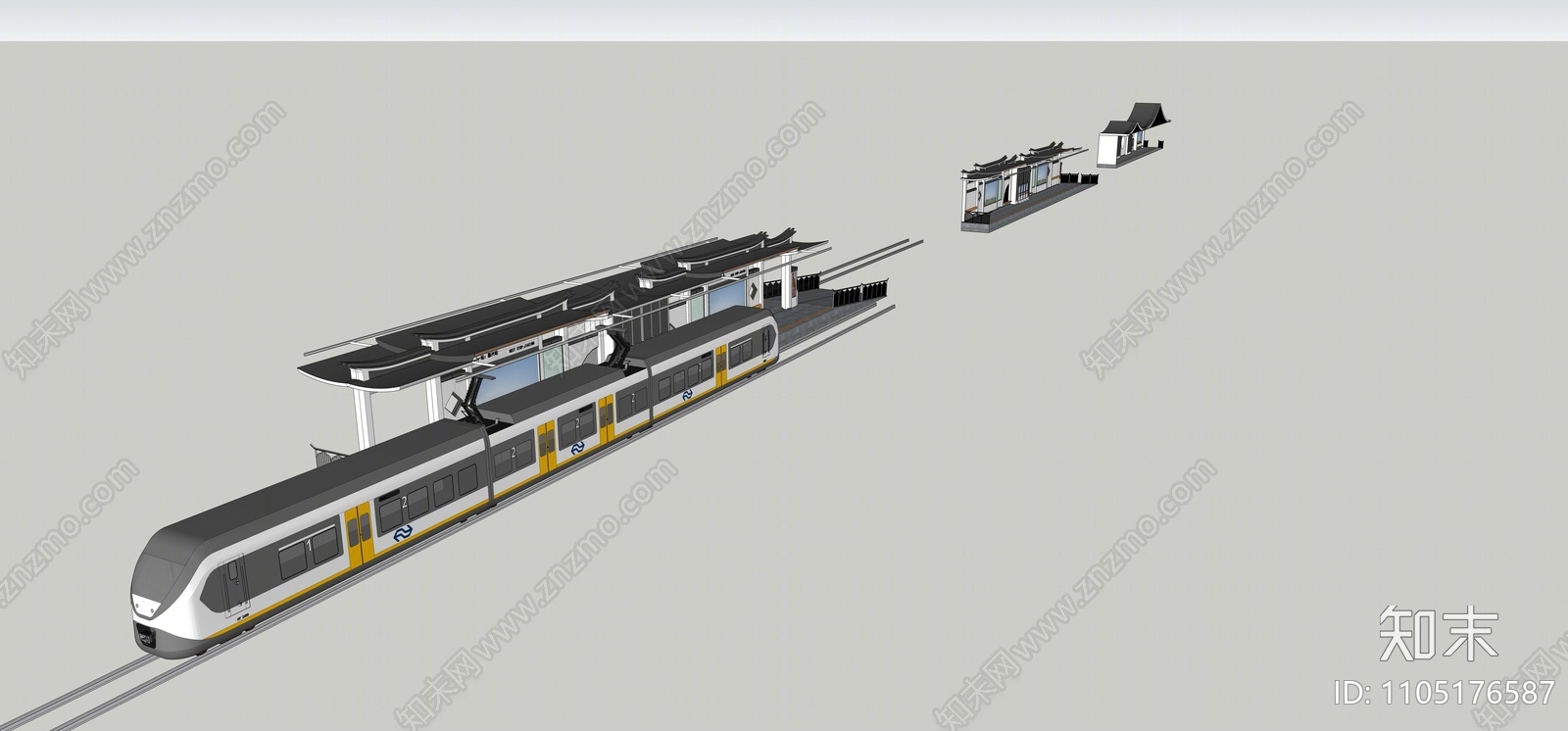 新中式有轨电车站SU模型下载【ID:1105176587】