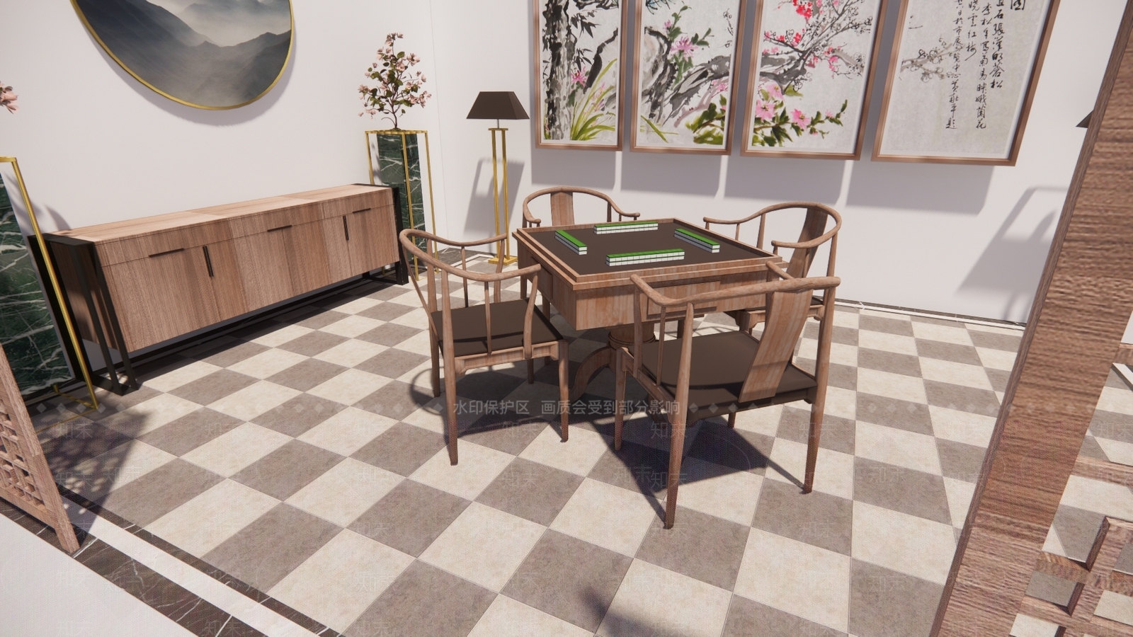 新中式棋牌室SU模型下载【ID:1105177805】