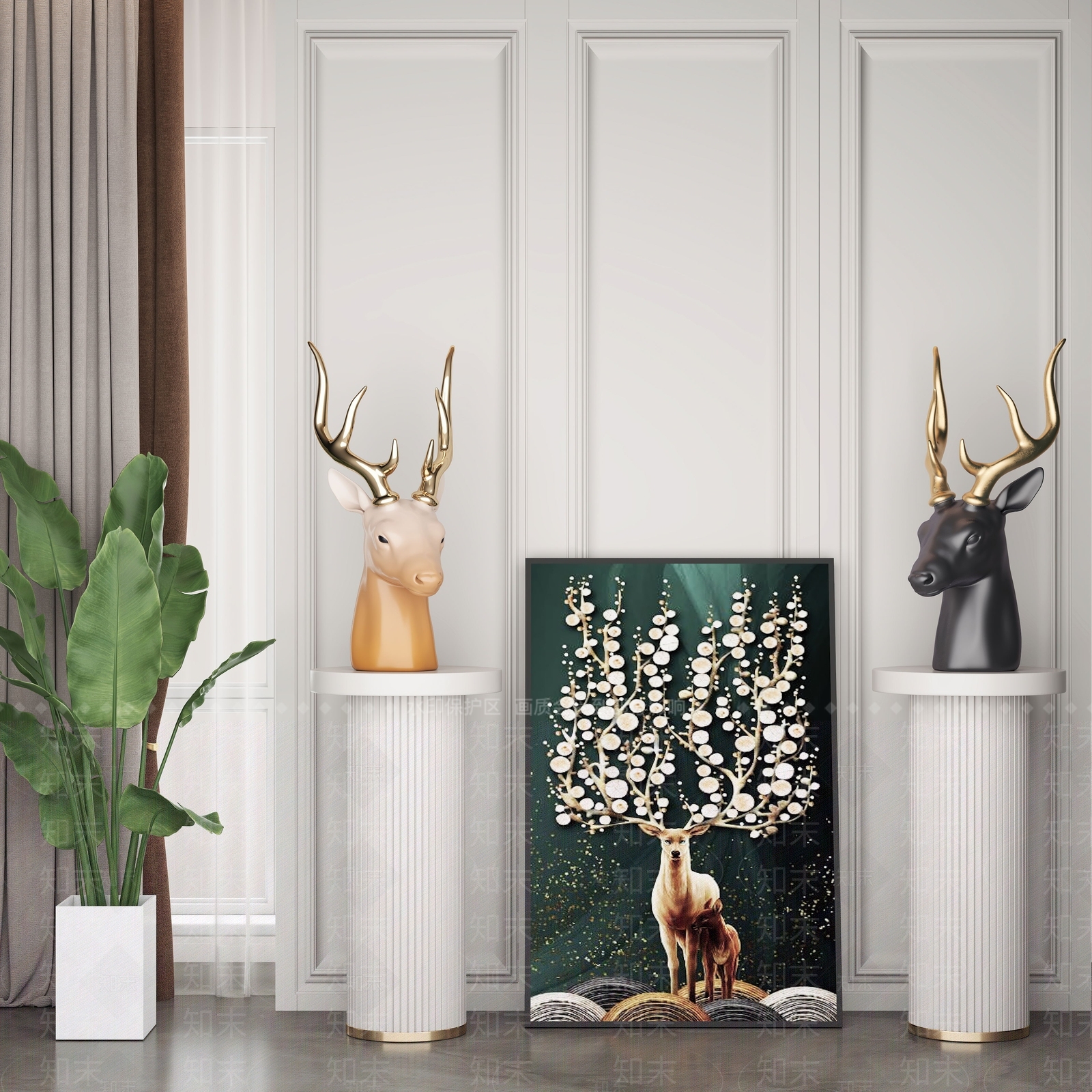 现代鹿头雕塑摆件3D模型下载【ID:1105238888】