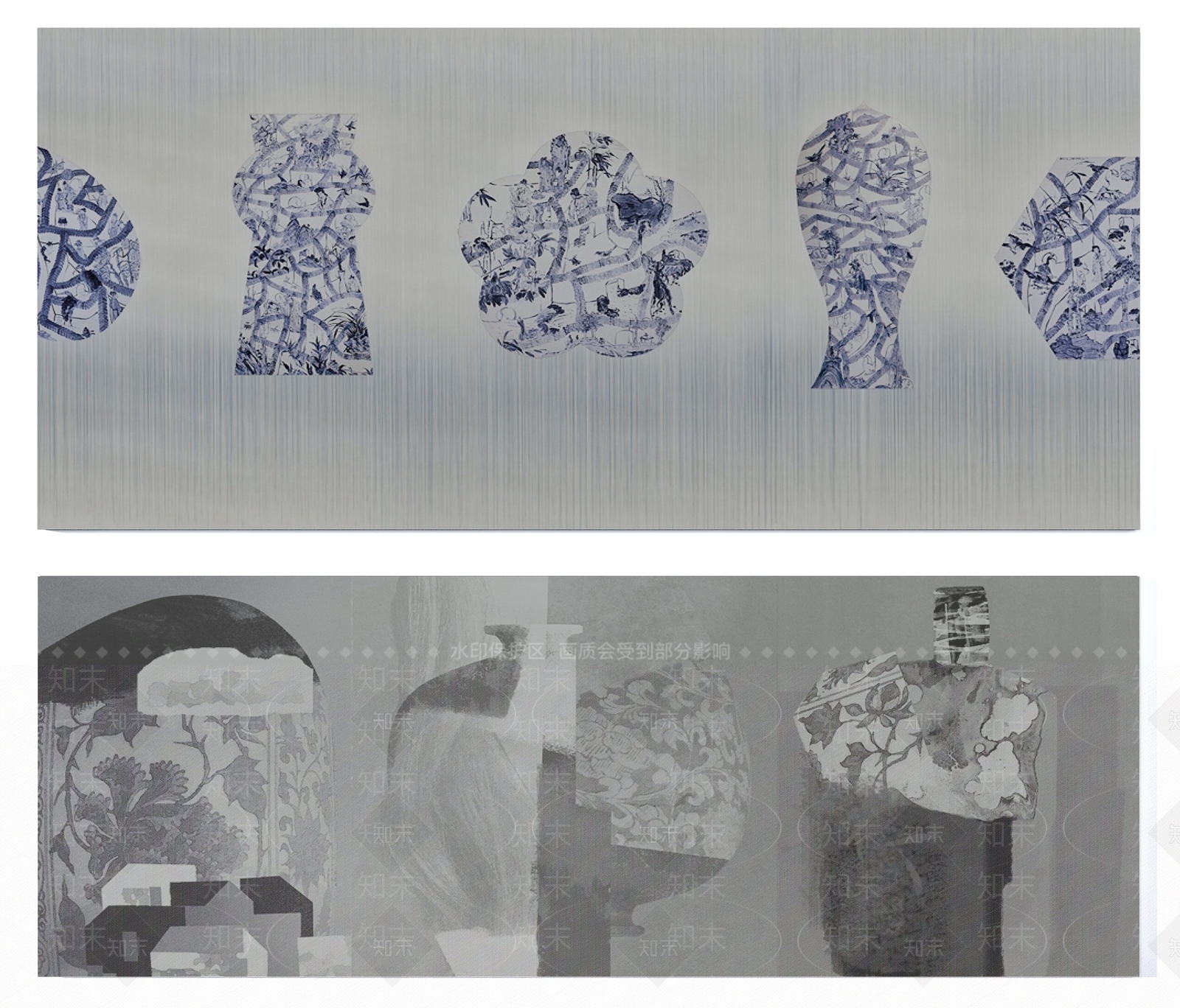 新中式灰蓝色青花瓷瓶挂画组合3D模型下载【ID:1105460607】