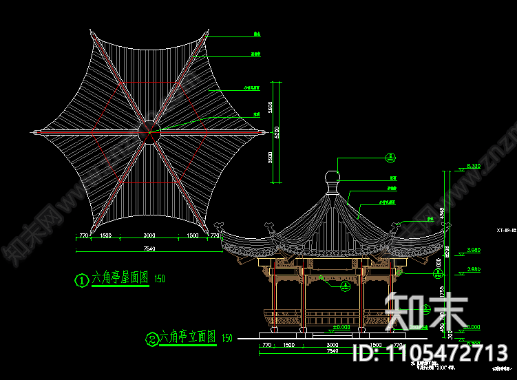 中式六角亭cad施工图下载【ID:1105472713】