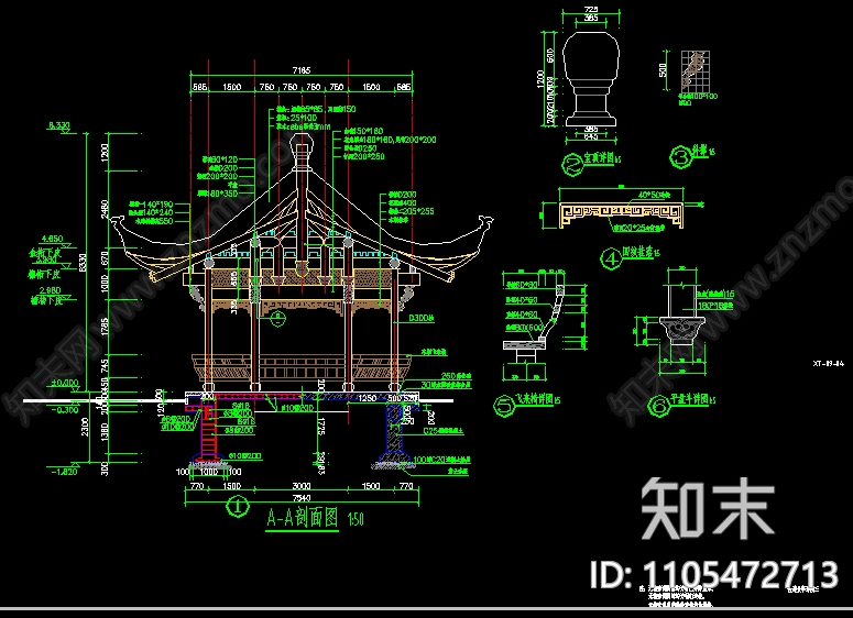 中式六角亭cad施工图下载【ID:1105472713】