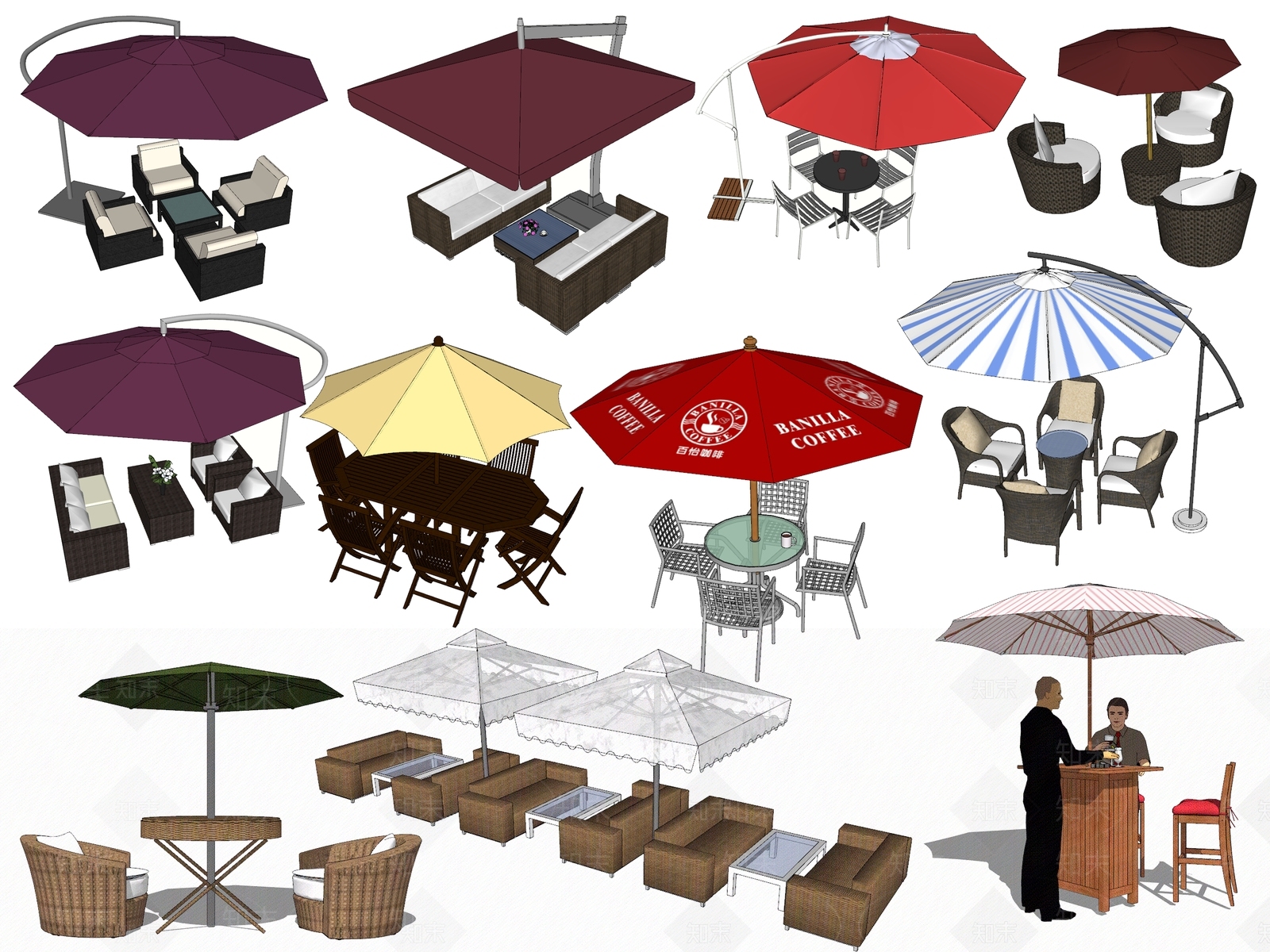 现代太阳伞桌椅组合SU模型下载【ID:1105555002】