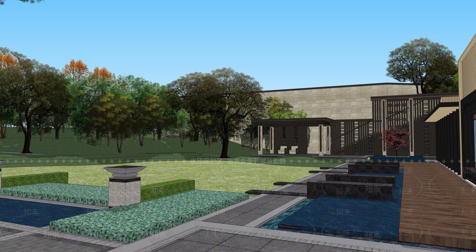 新中式住宅园林SU模型下载【ID:1105564477】