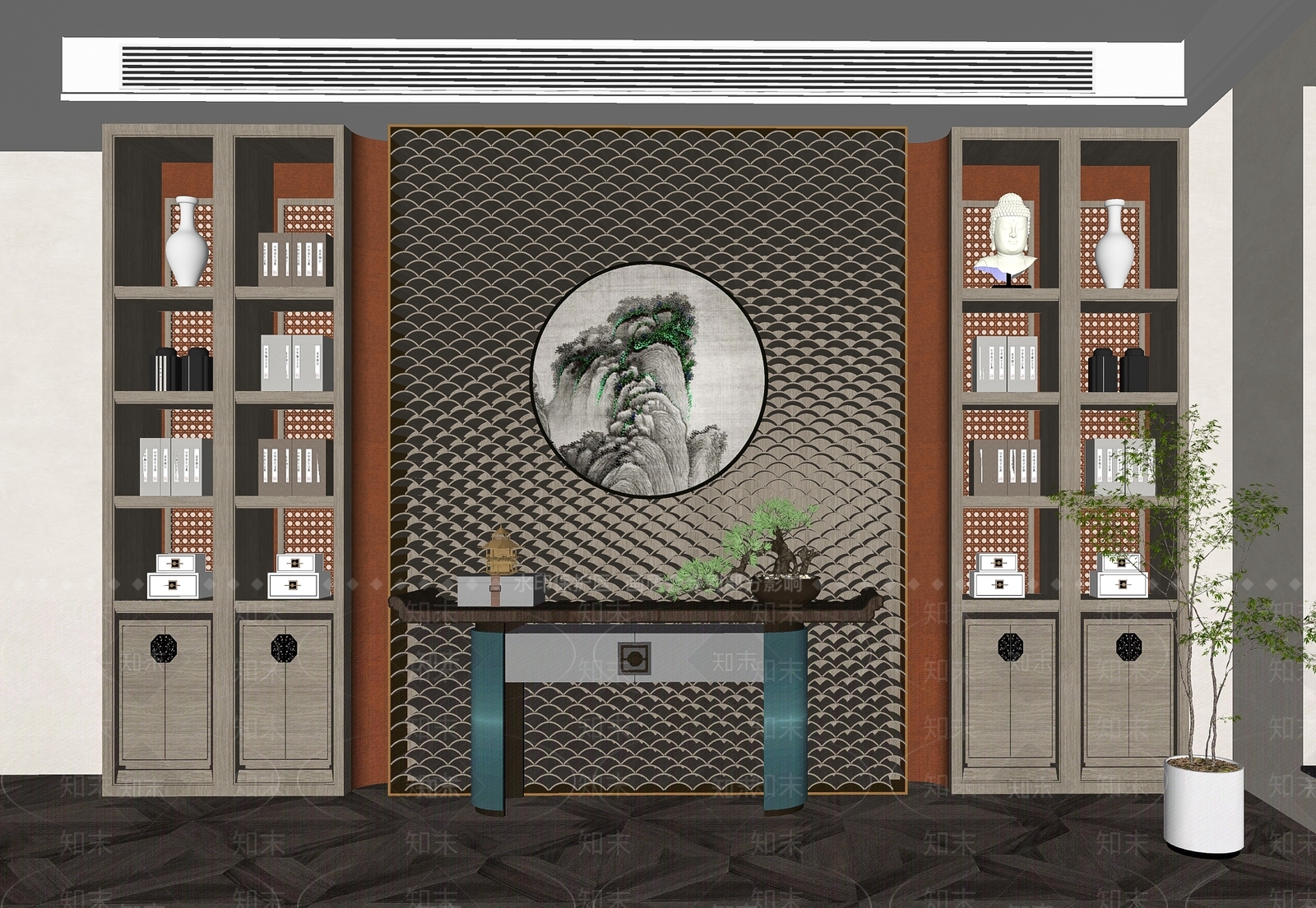 新中式端景条案SU模型下载【ID:1105574166】