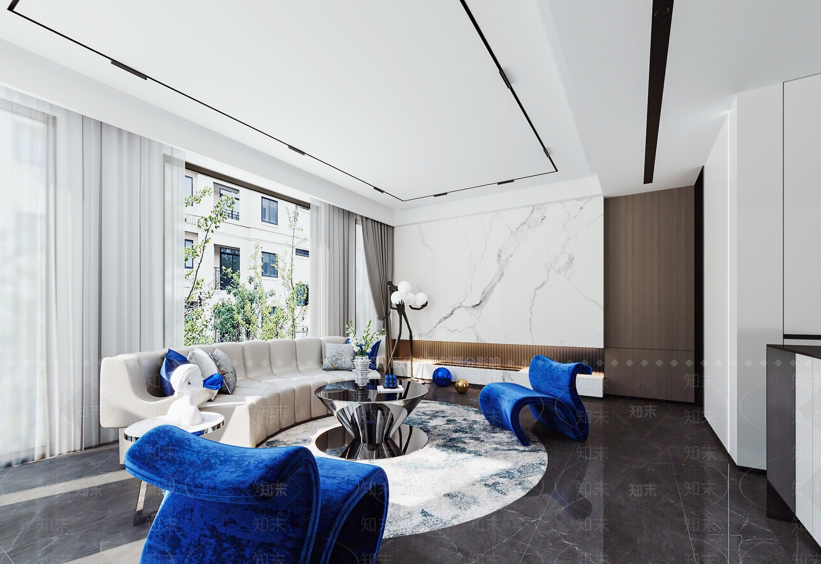 【3D悬赏模型】筑本设计现代风格克莱因蓝客厅3D模型下载【ID:1105772197】