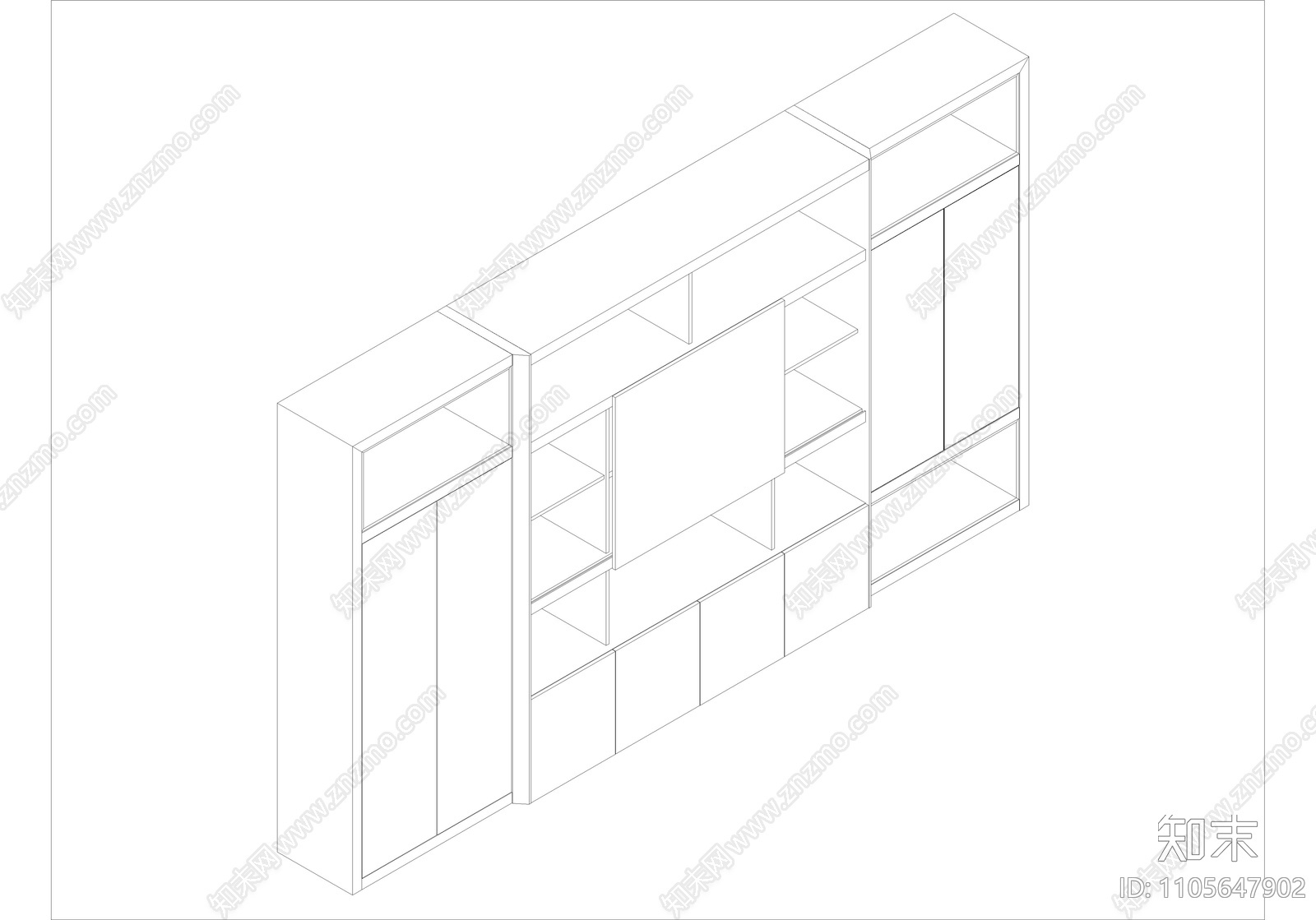 现代简约书柜立体图cad施工图下载【ID:1105647902】