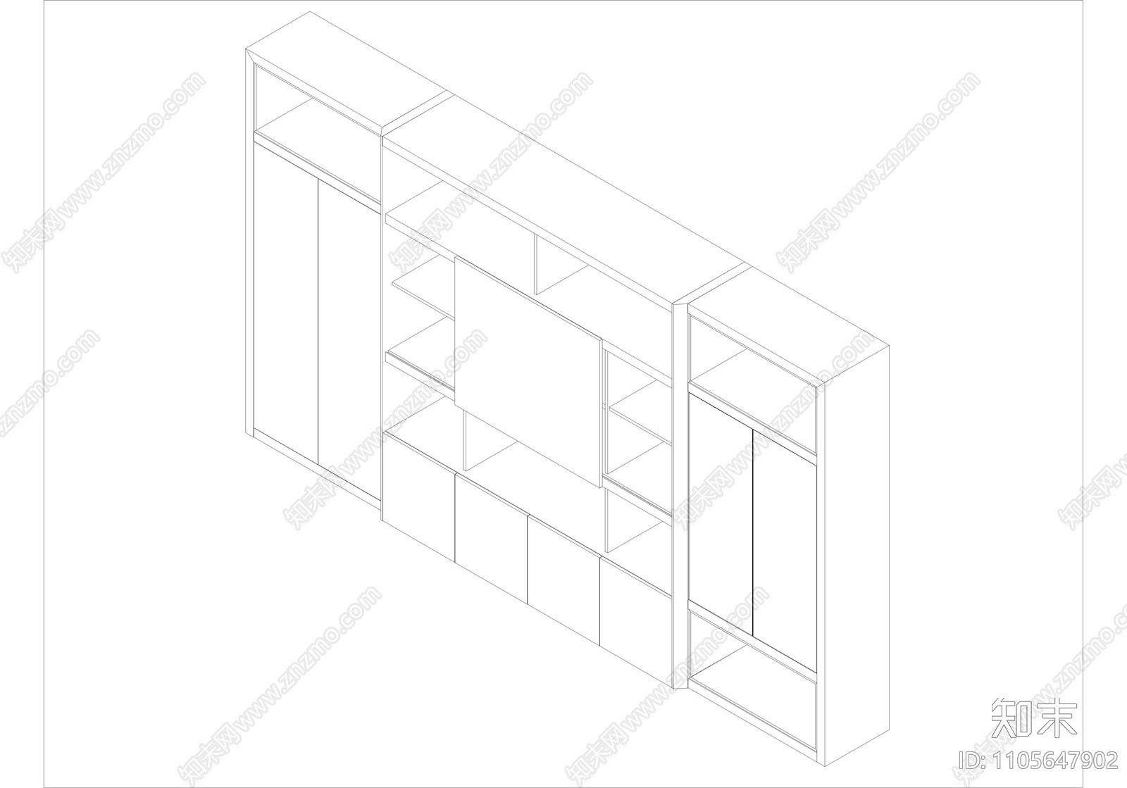 现代简约书柜立体图cad施工图下载【ID:1105647902】