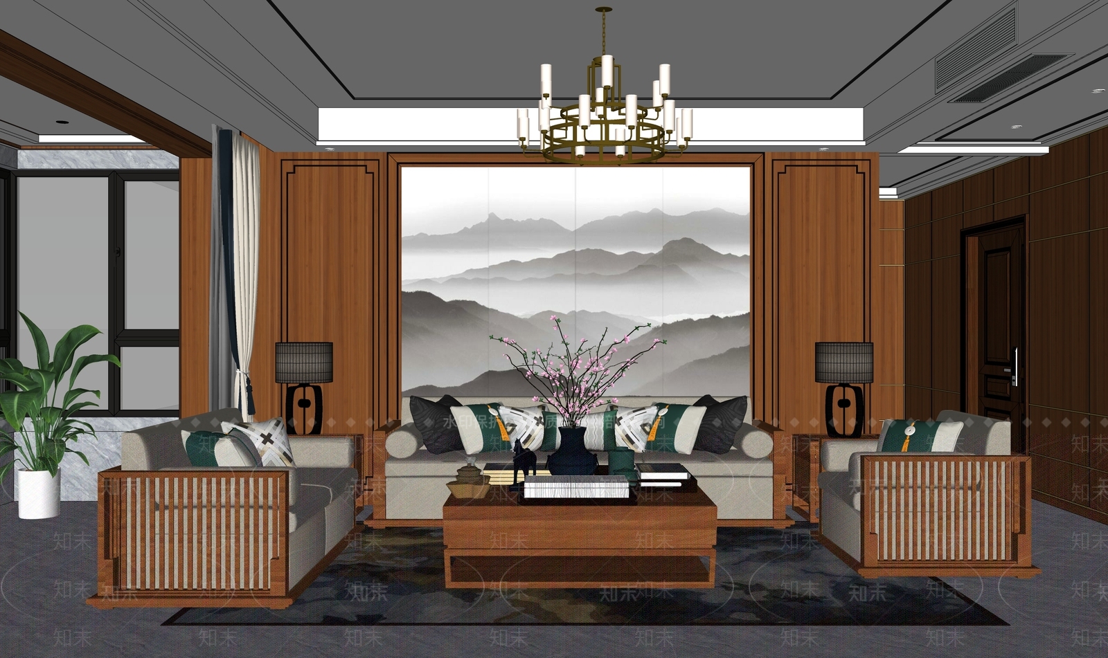 新中式客厅SU模型下载【ID:1105675530】