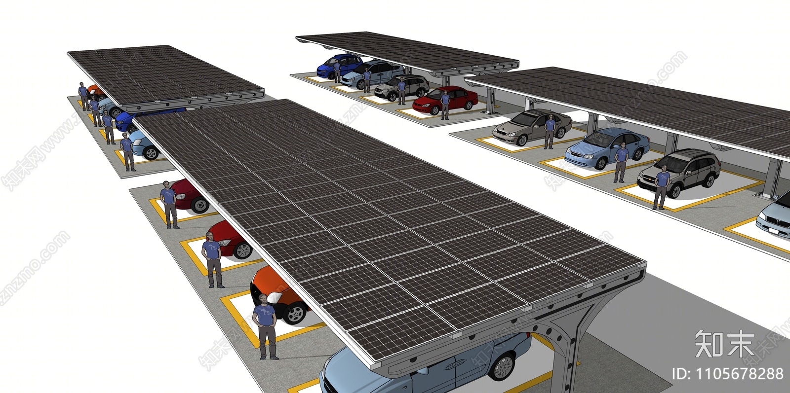 现代城市光伏发电汽车停车棚SU模型下载【ID:1105678288】