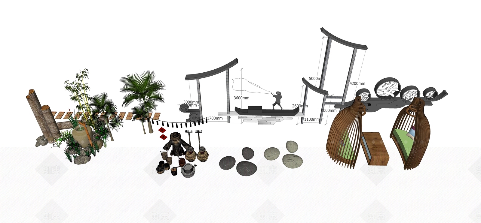 新中式农家乐景观小品SU模型下载【ID:1105850713】