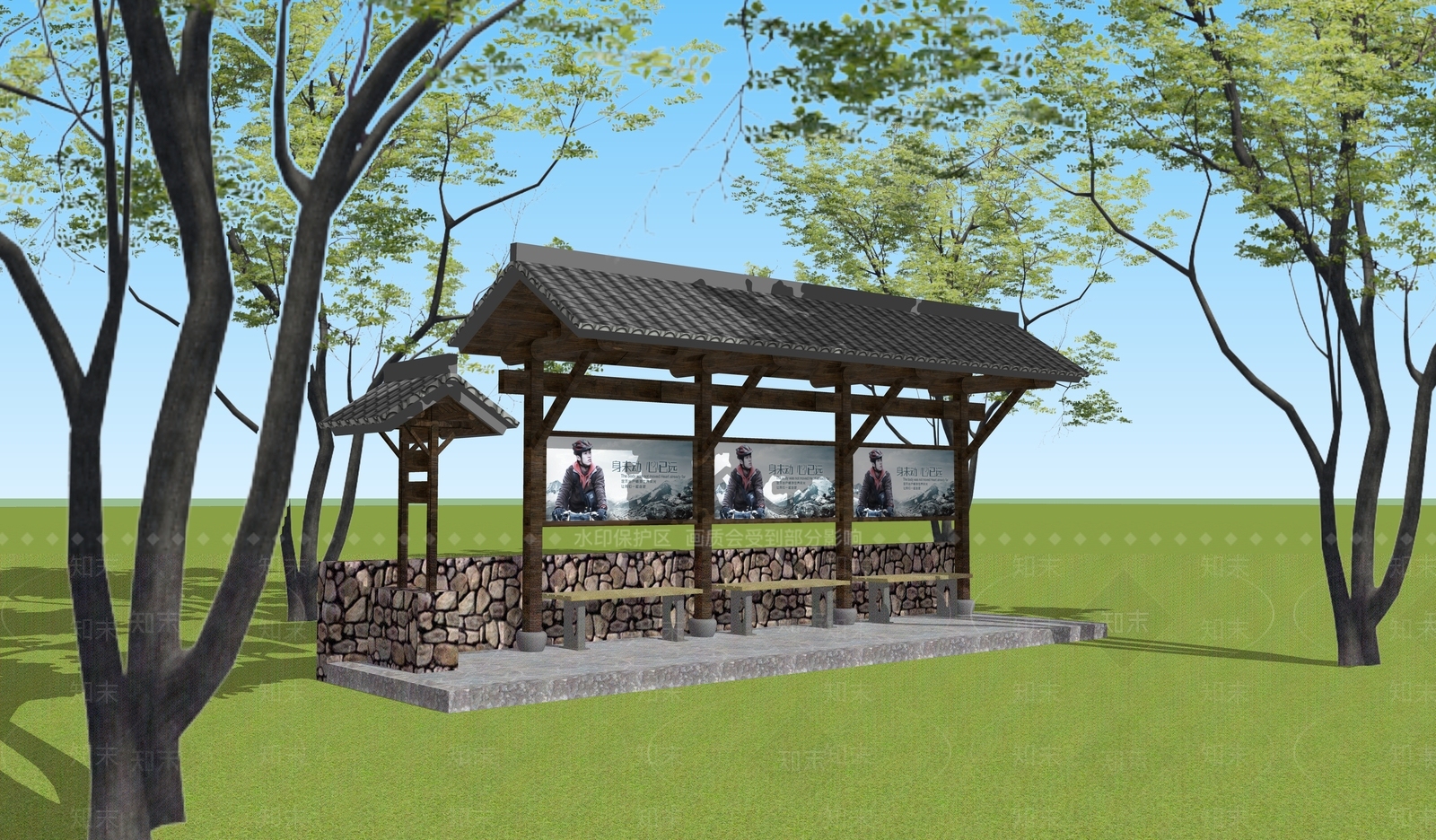 新中式公交站台SU模型下载【ID:1105870847】