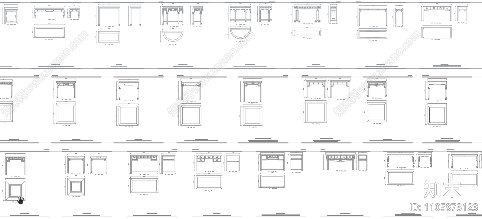 中式桌子平立面图块施工图下载【ID:1105873123】