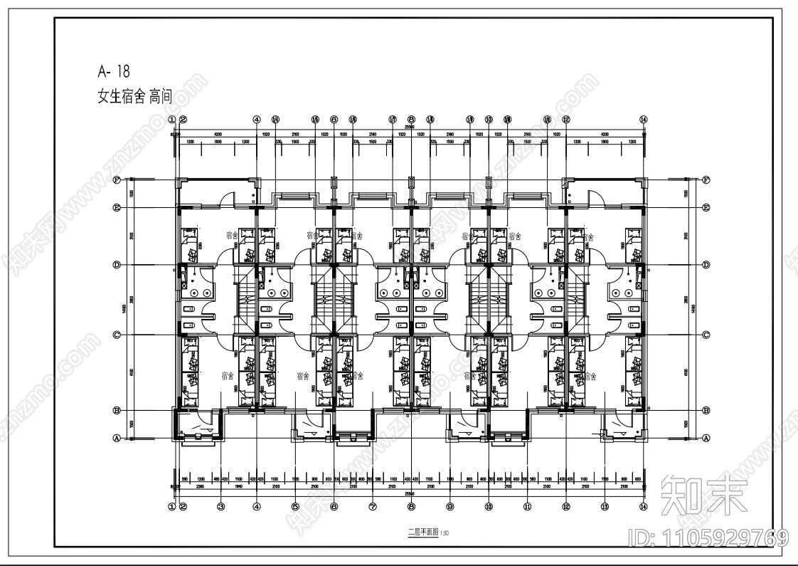 学校宿舍平面布置图cad施工图下载【ID:1105929769】