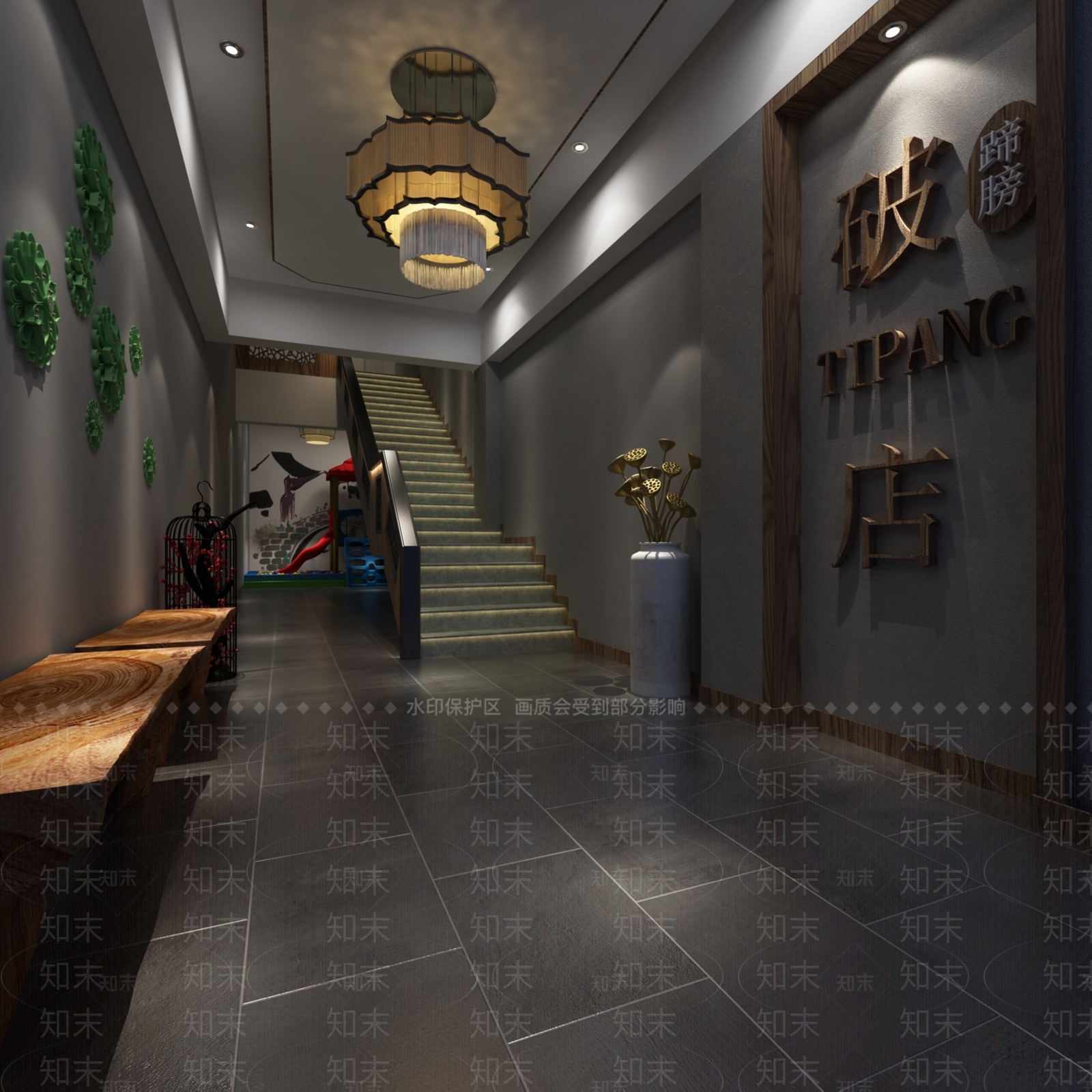 新中式中餐厅楼梯间SU模型下载【ID:1106158803】
