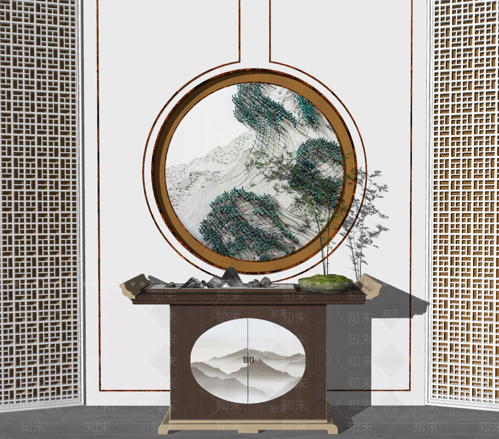 新中式端景条案SU模型下载【ID:1105987397】