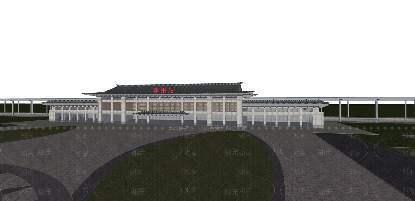 新中式火车站SU模型下载【ID:1106101637】
