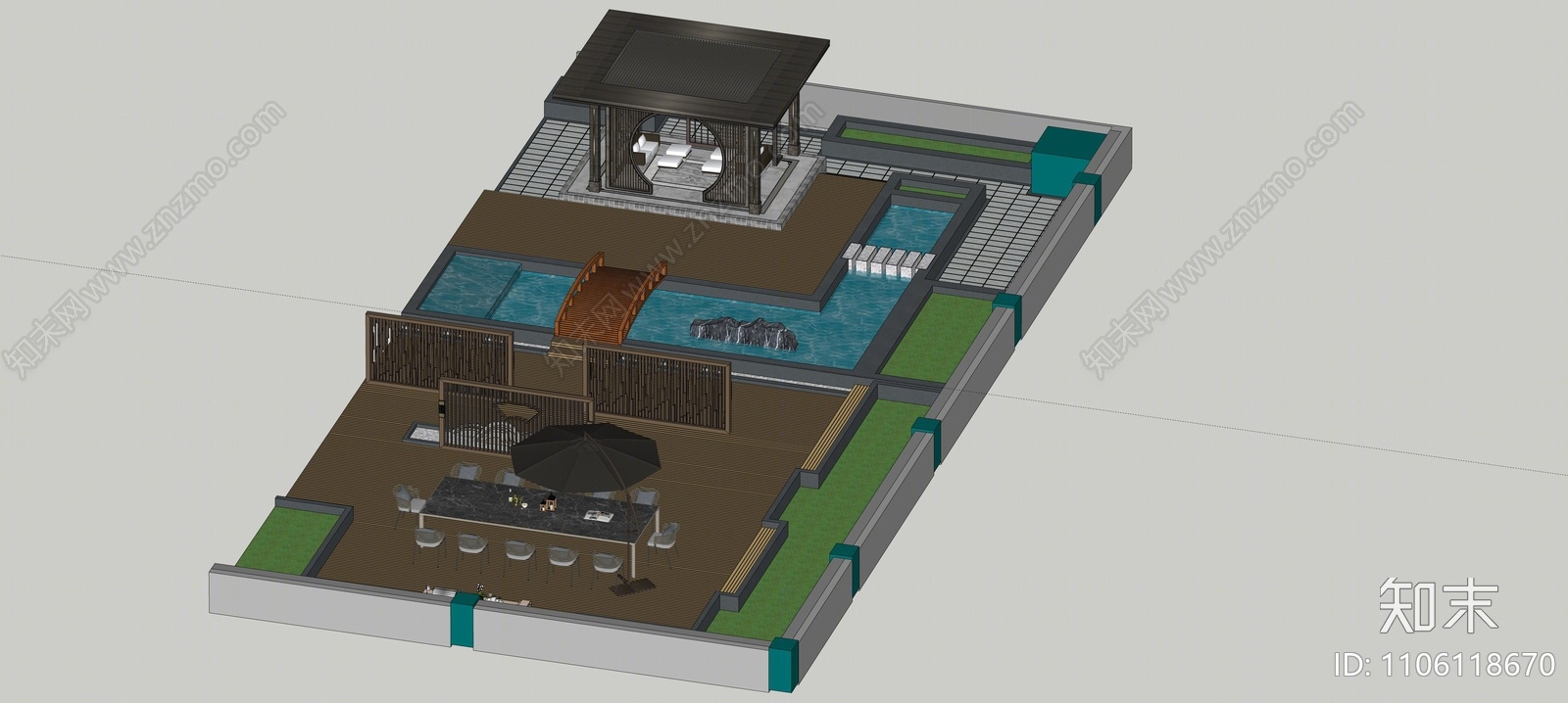 新中式屋顶花园SU模型下载【ID:1106118670】
