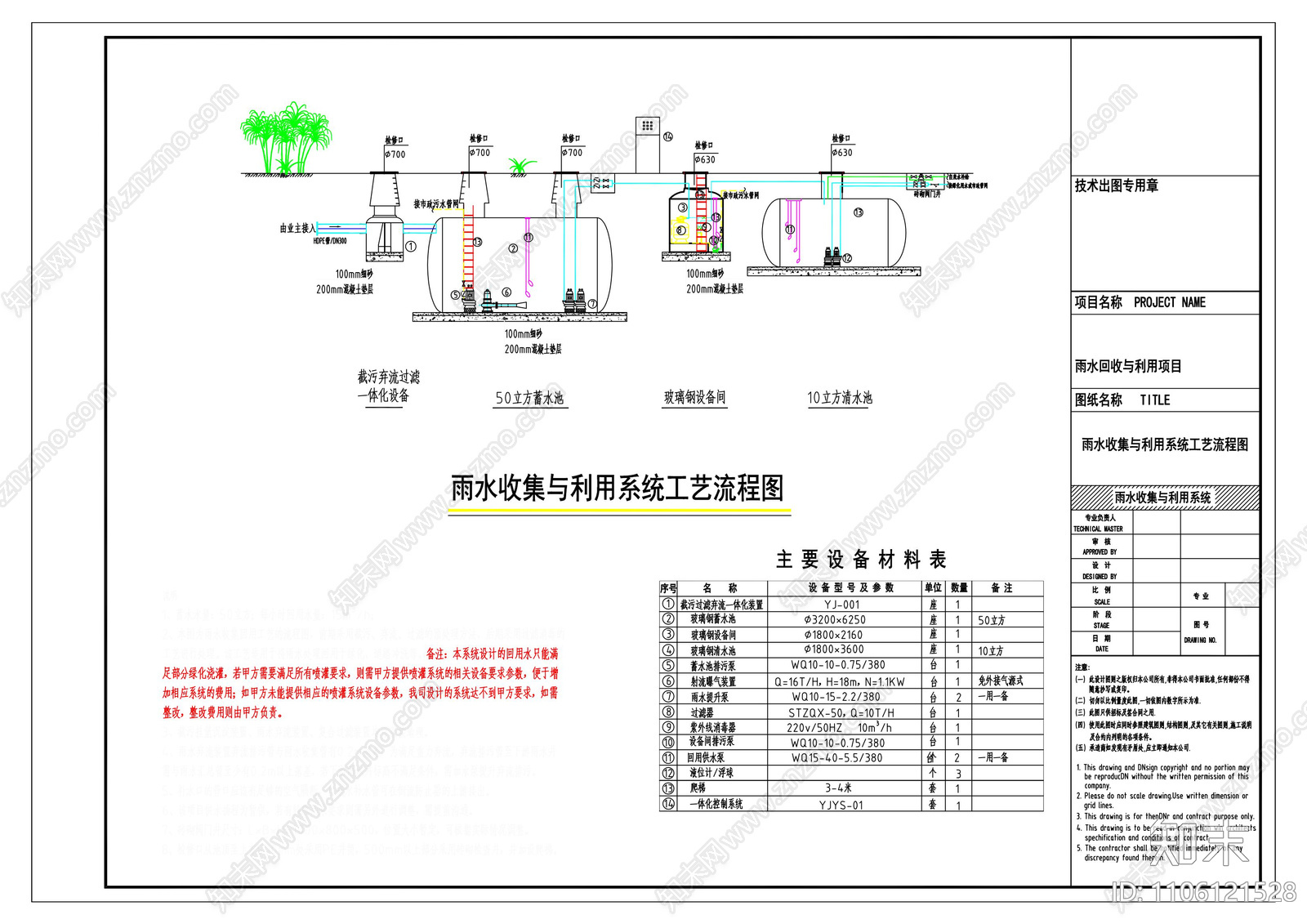 五十立方玻璃钢雨水收集利用系统cad施工图下载【ID:1106121528】