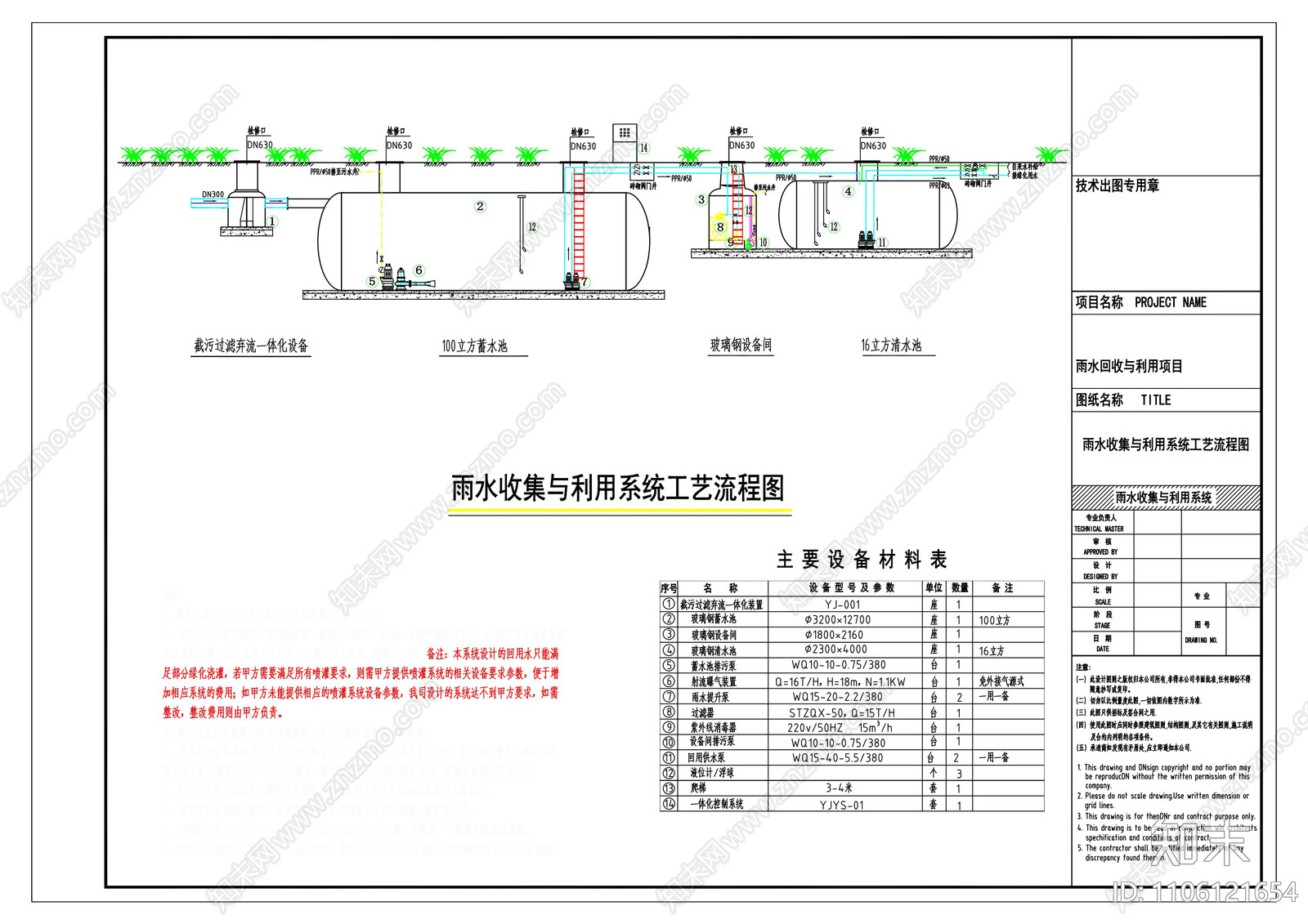 一百立方玻璃钢雨水收集利用系统cad施工图下载【ID:1106121654】