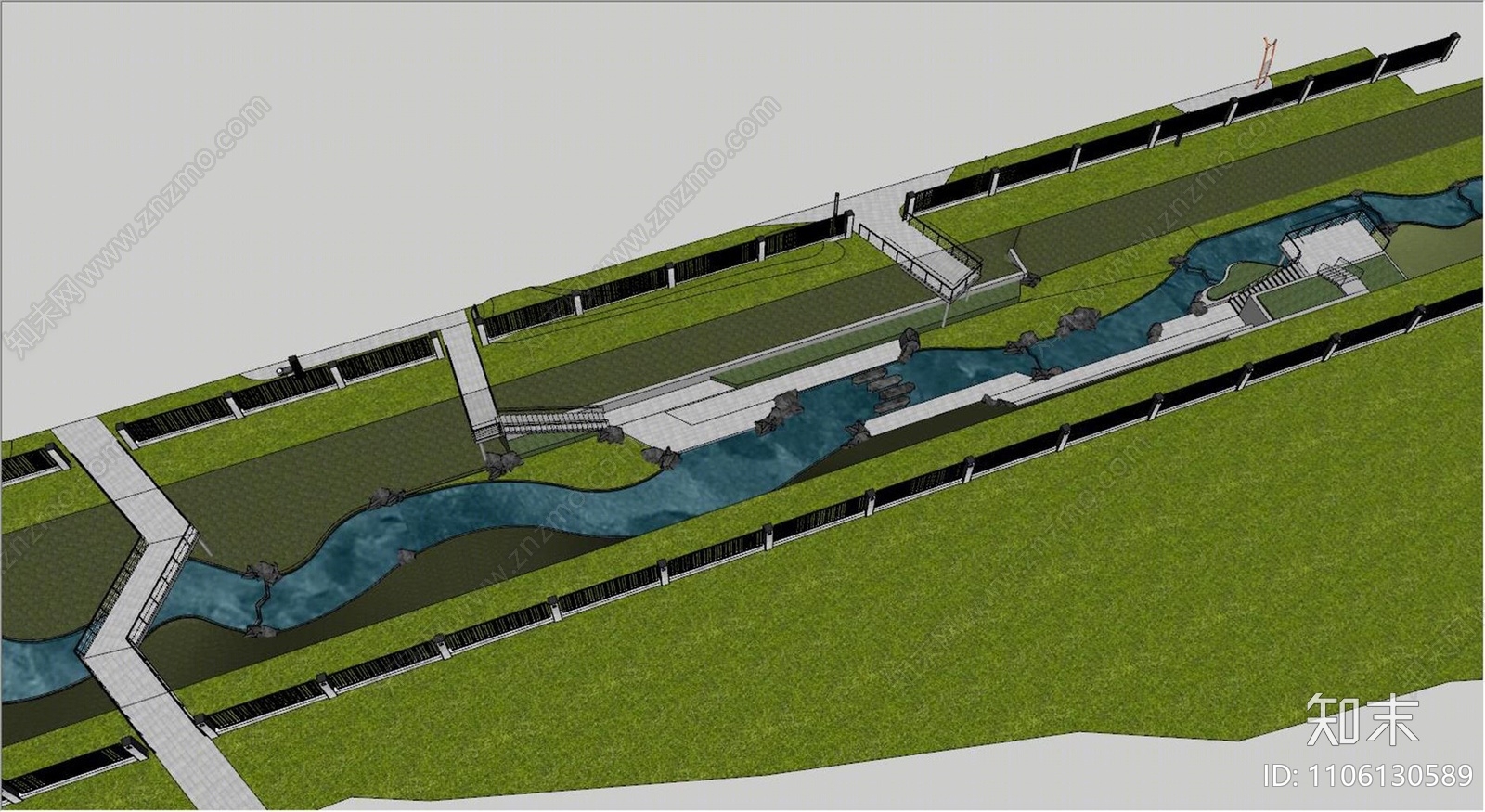 现代河道滨水景观SU模型下载【ID:1106130589】