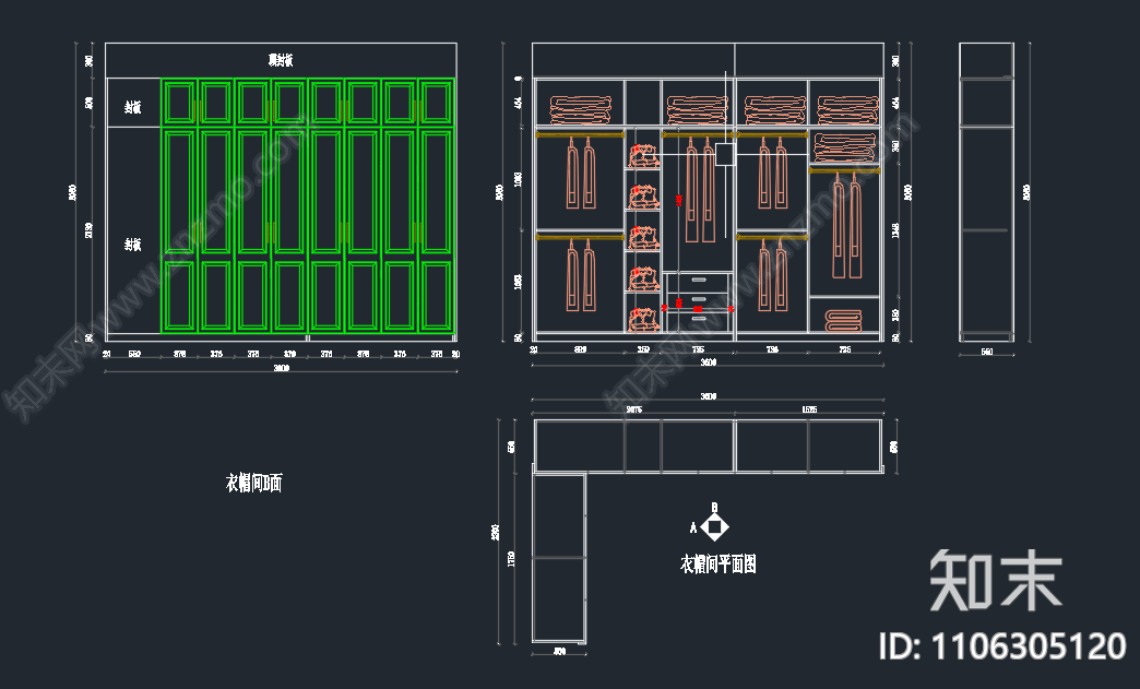 简欧定制衣柜施工图下载【ID:1106305120】